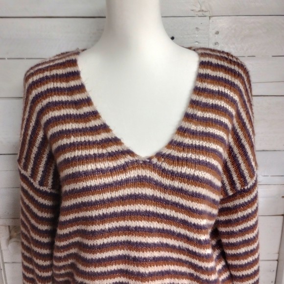 Major Label Group Medium Knit Sweater Striped Cropped Bishop Sleeve Boho Fall - Picture 2 of 9
